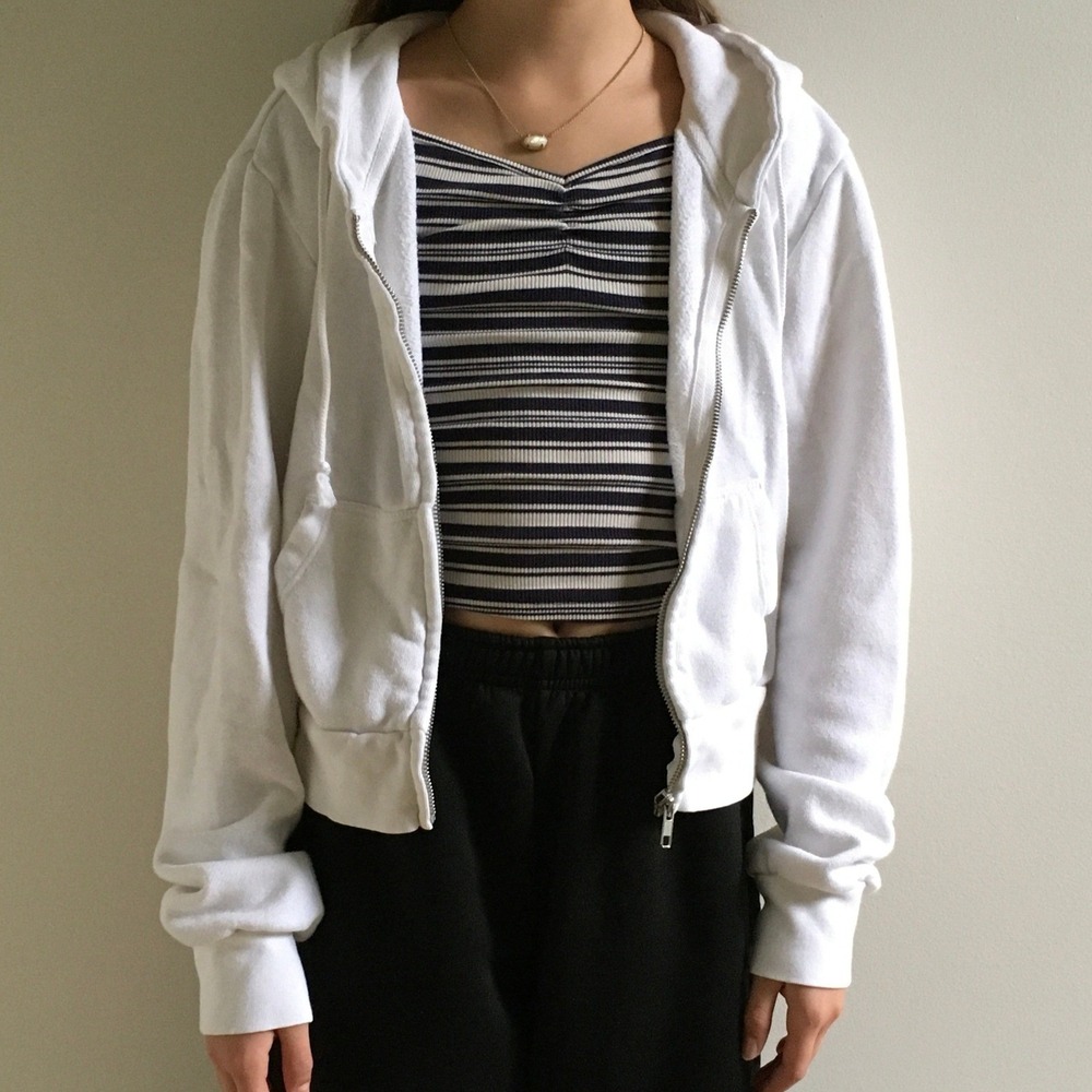 Brandy Melville White Zip Up Hoodie Fleece Lined Cropped Sweatshirt